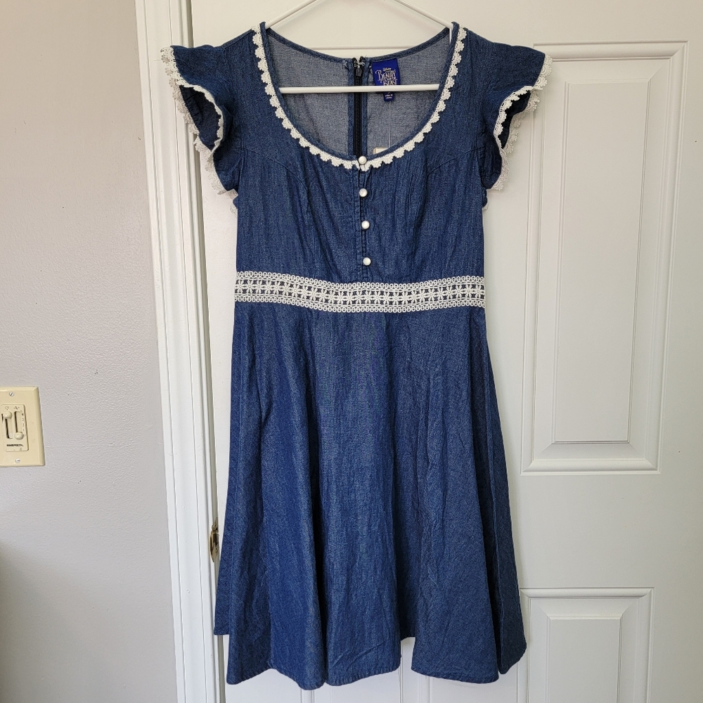 NWT Disney Beauty and the Beast Belle Chambray Denim mini dress Crochet Trim S